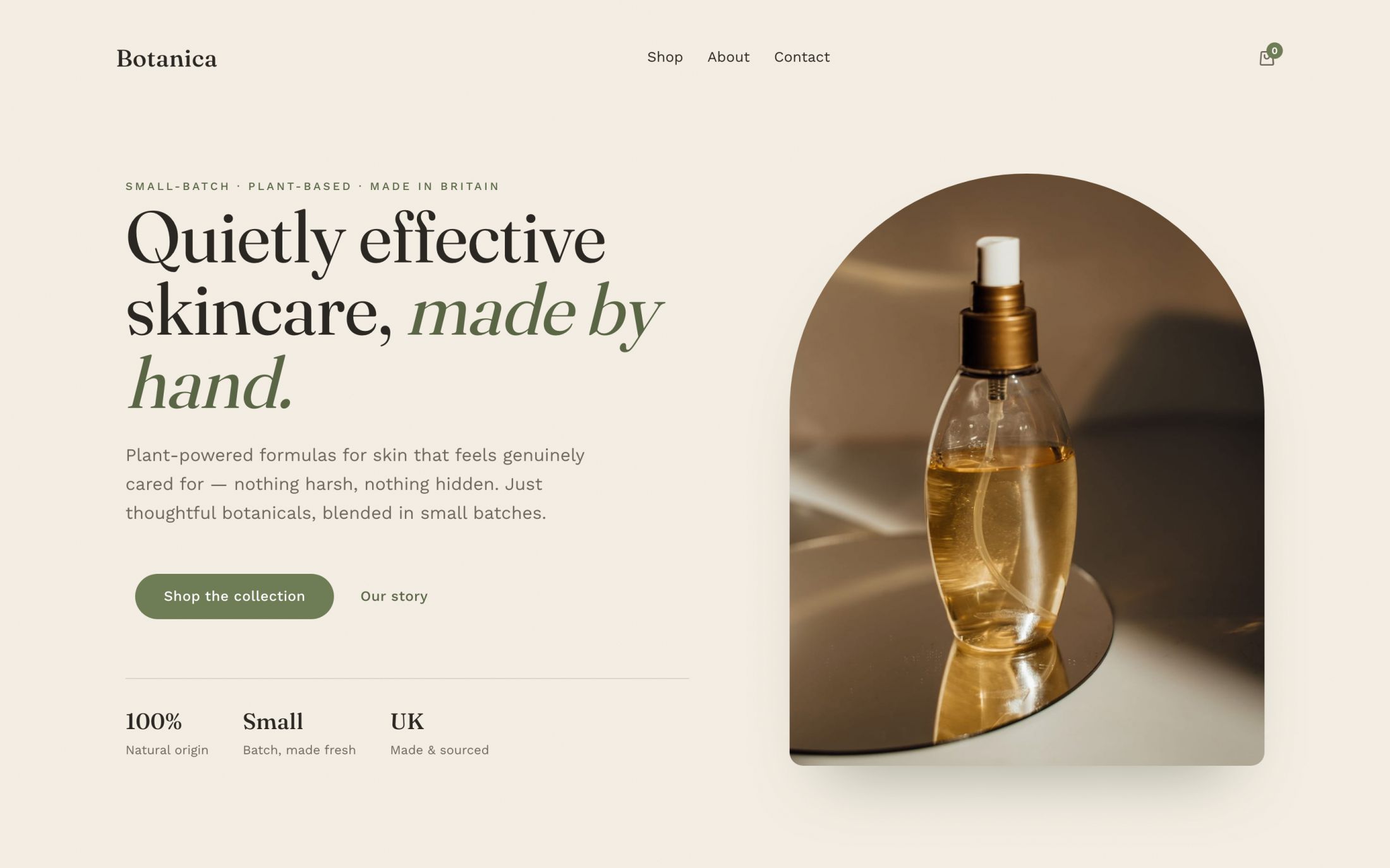 Botanica, a WooCommerce skincare store I built. Serif headline, arched product photograph, warm cream palette