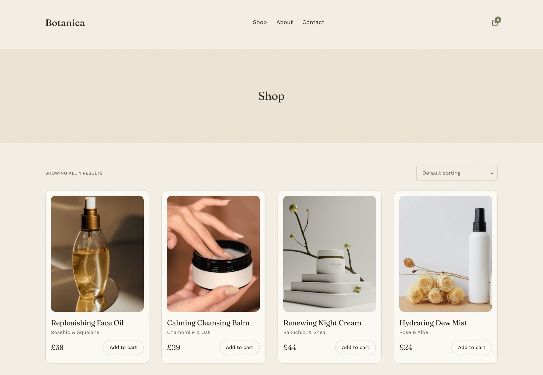 The Botanica shop page on desktop, four skincare products in a grid with prices