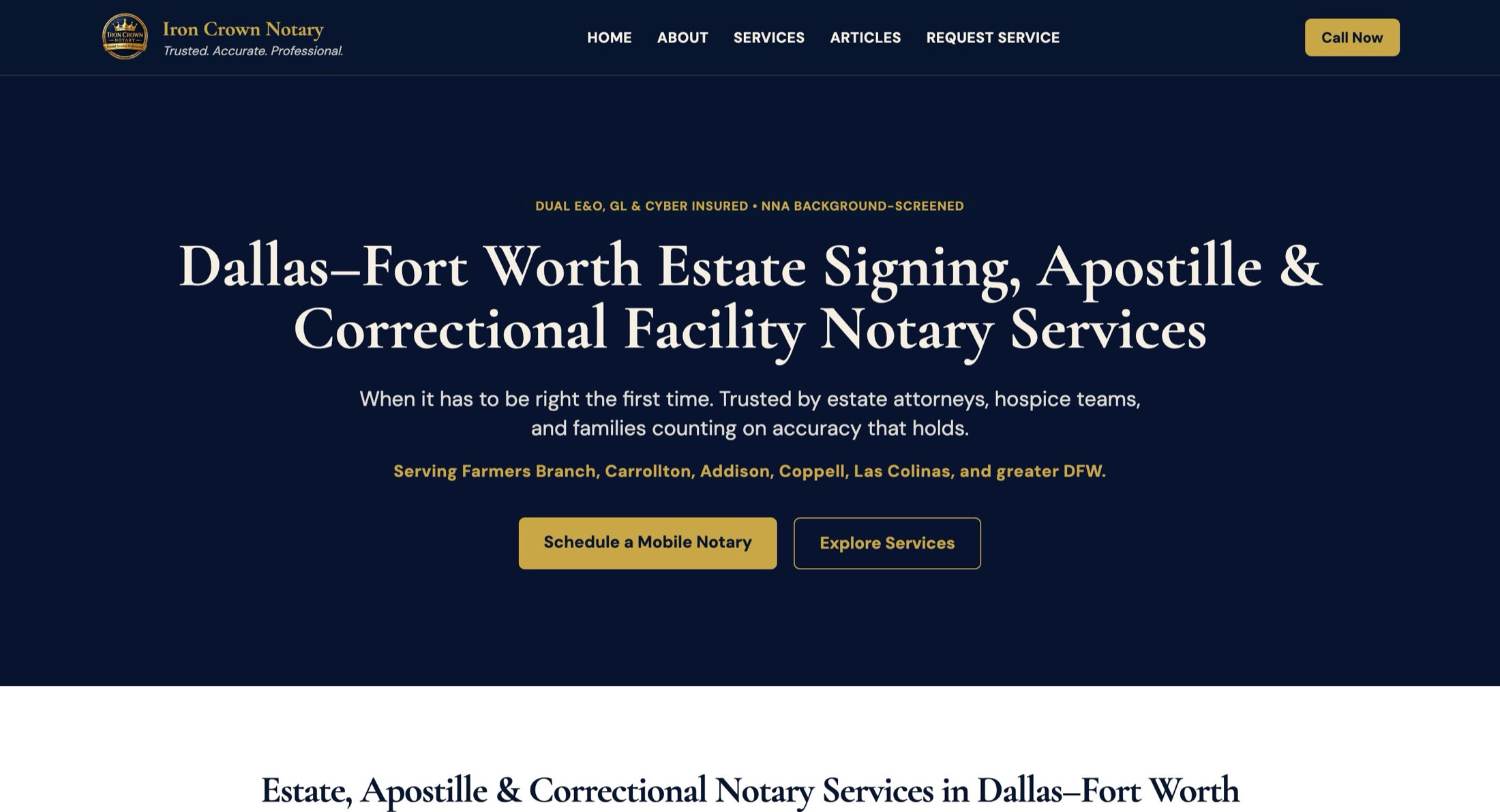 Iron Crown Notary homepage on desktop. Navy hero over notary services for Dallas-Fort Worth