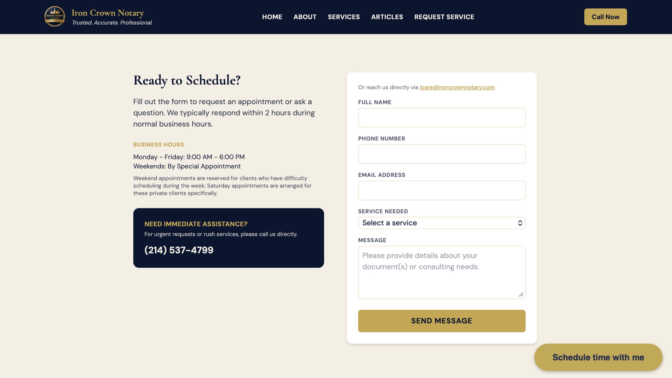 The Iron Crown contact page: business hours, a phone number, and the enquiry form