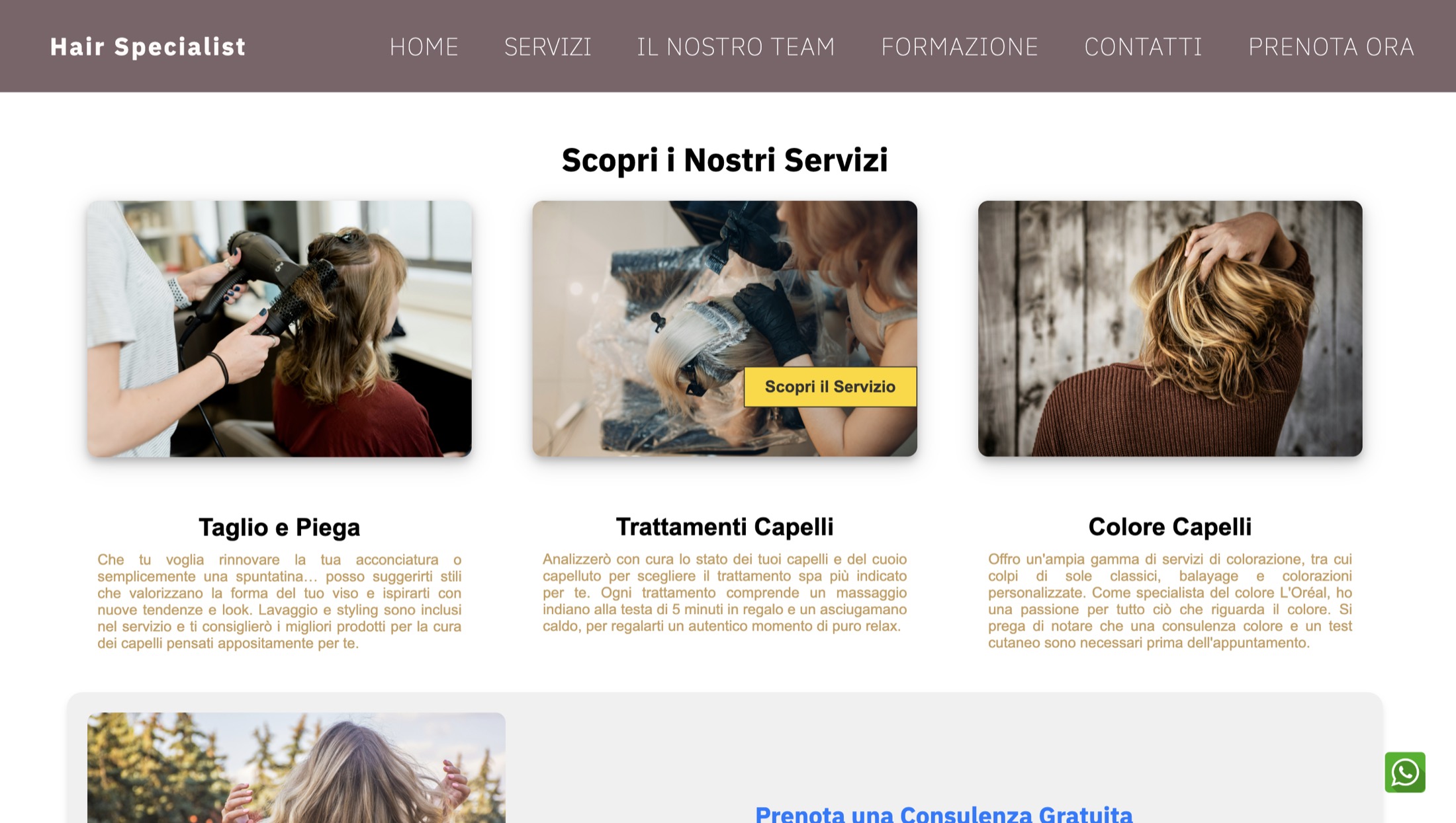 The salon's services page on desktop, three service cards under a warm mauve header