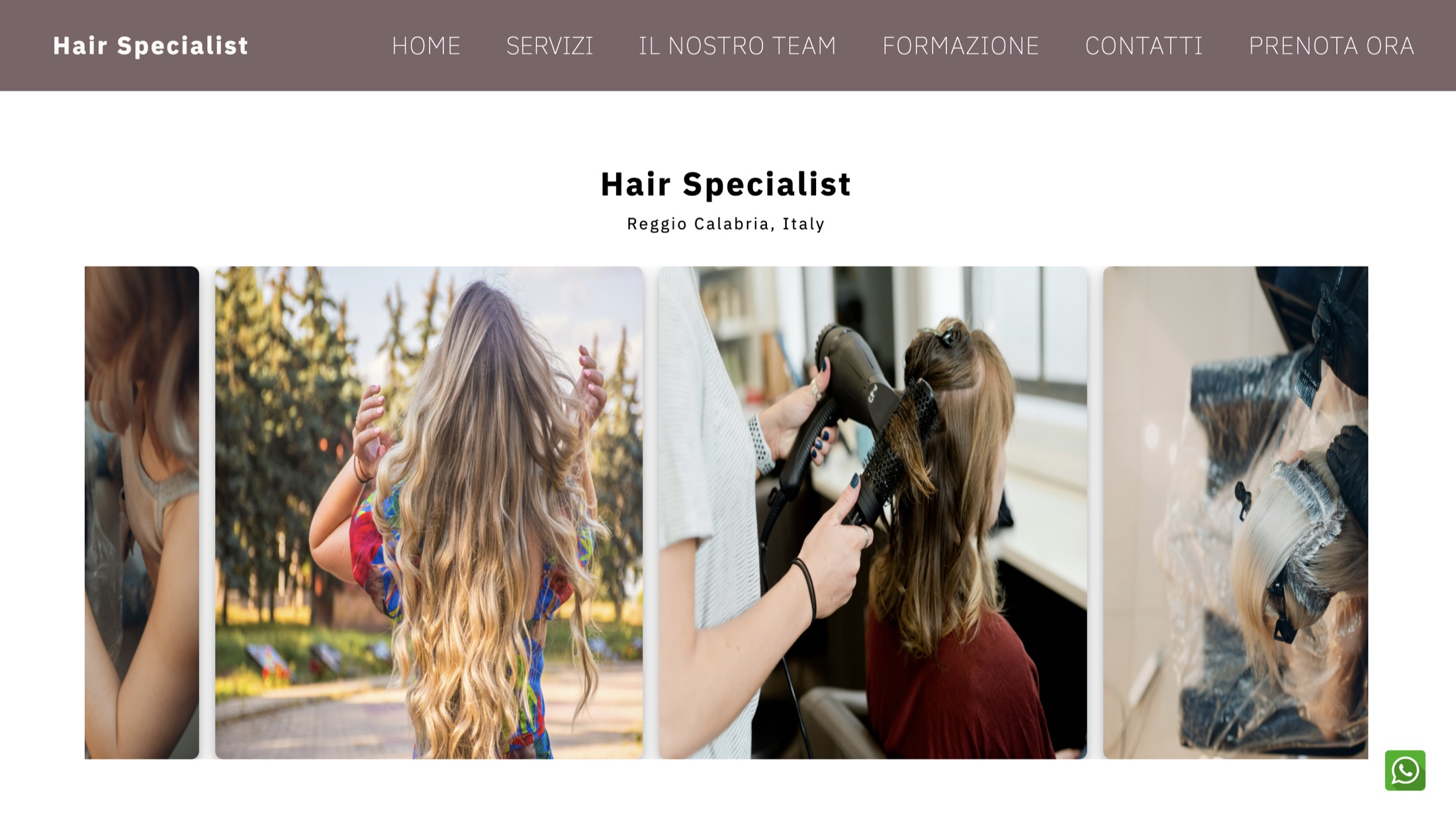 The salon's existing homepage on desktop, a photo gallery under the same mauve header