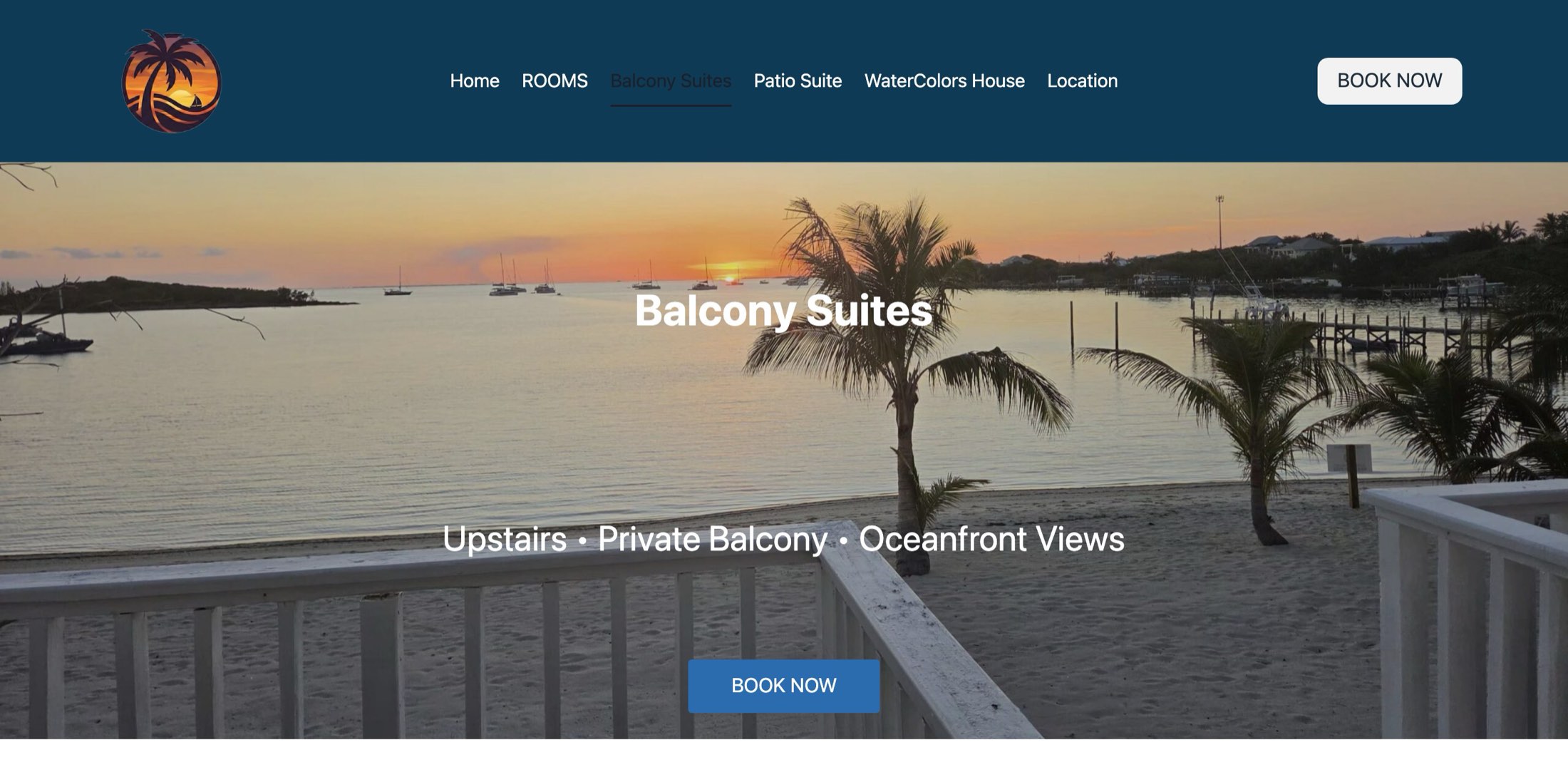 Sunset Suites, Balcony Suites page on desktop. Sunset over the Sea of Abaco from a suite balcony