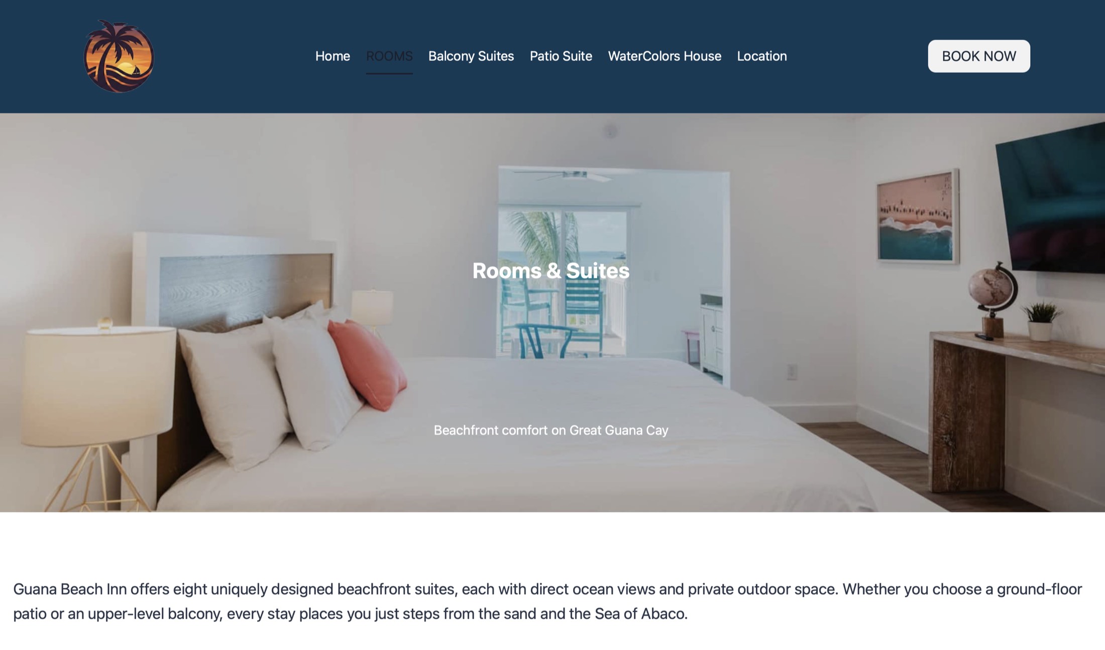 The Rooms and Suites page: a bright bedroom opening onto a balcony over the sea